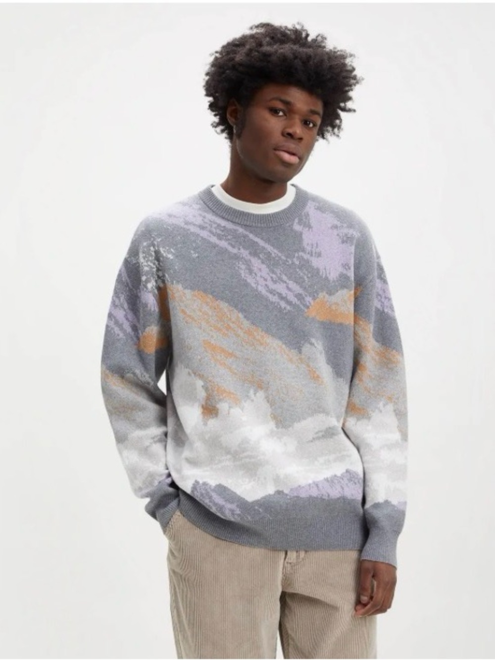 Levis Men's Stay Loose Crewneck Mountain Pattern Sweater in Gray and Lavender